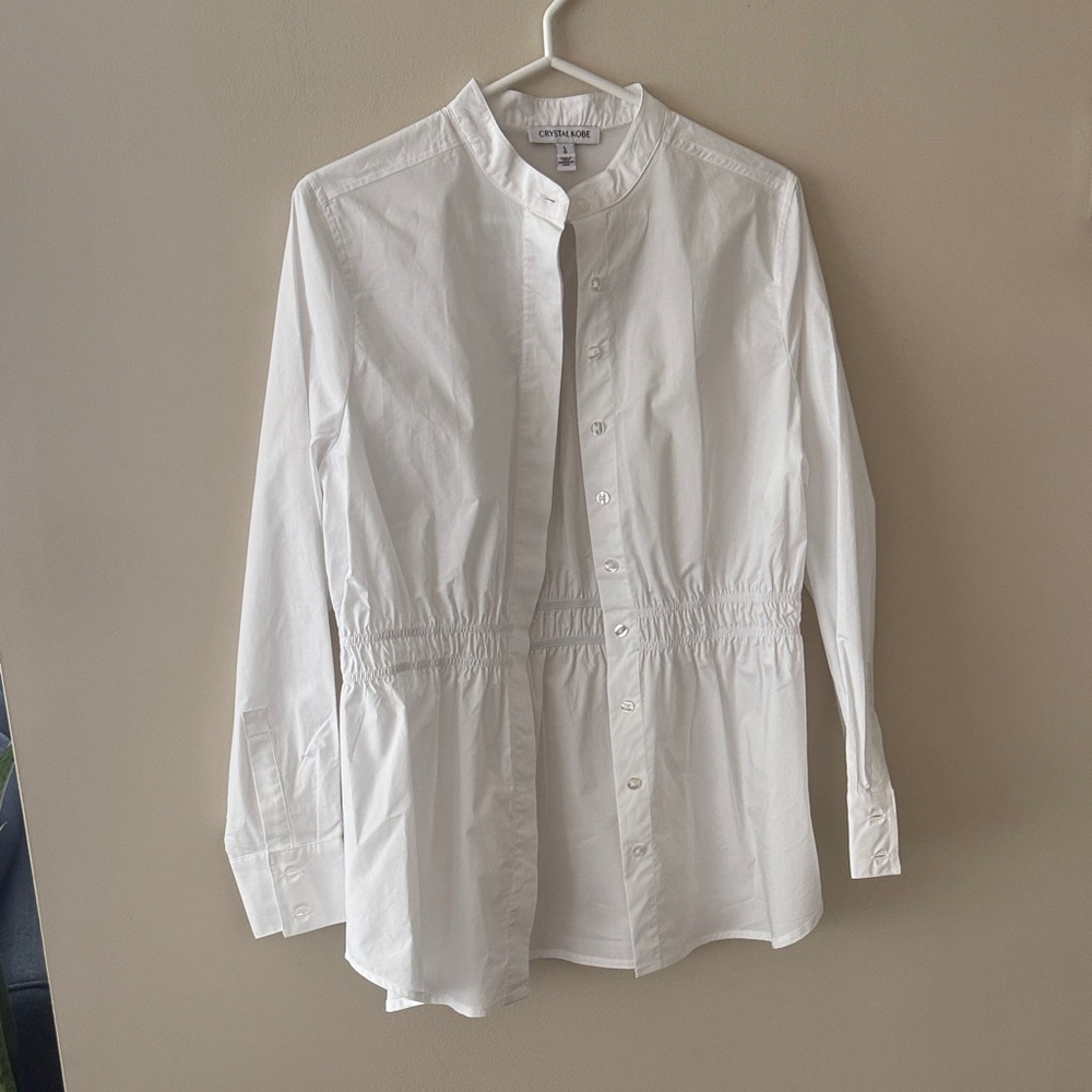 Cotton-Blend White Drawstring-Waist Button-Down Shirt
